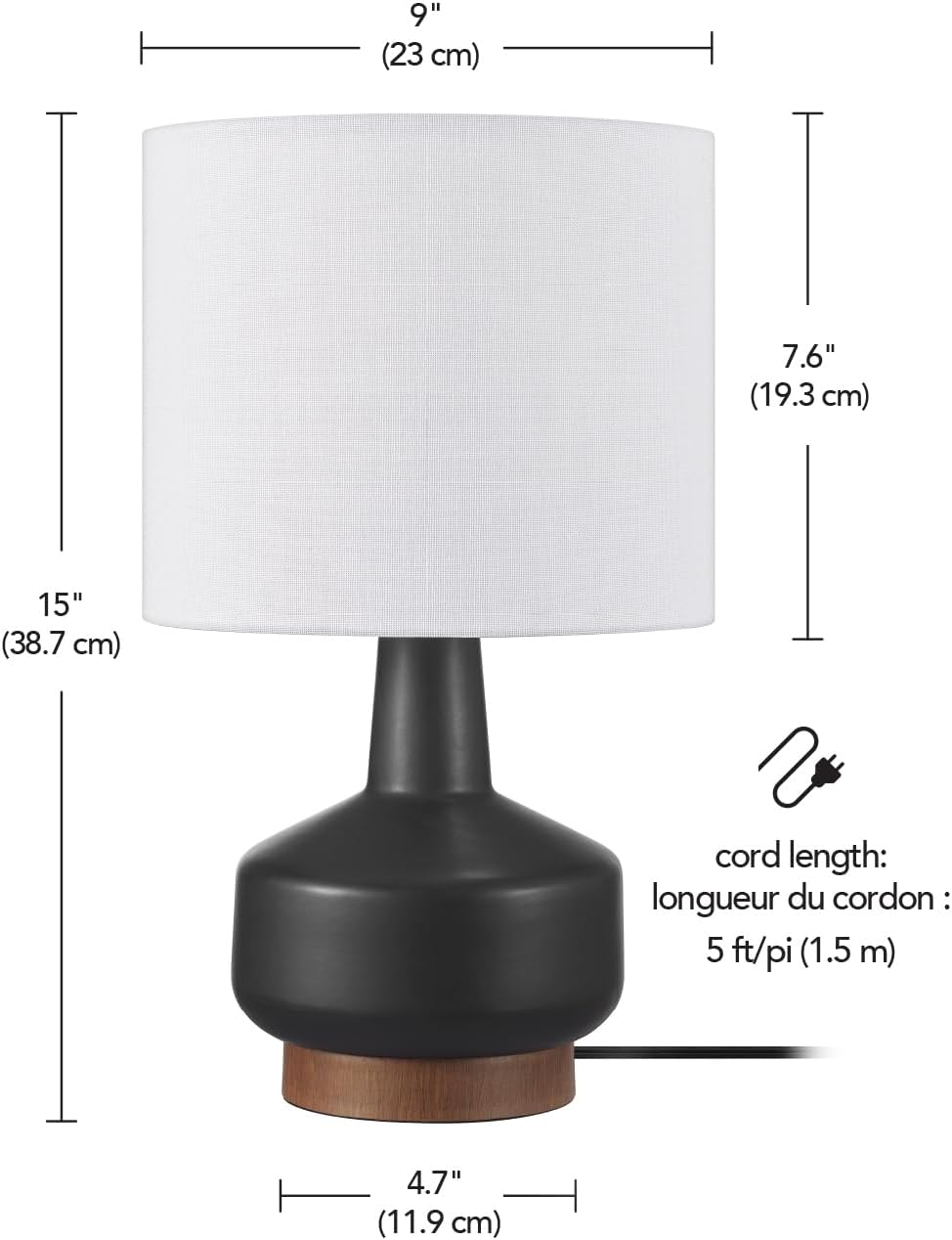 15" Ceramic Table Lamp, Matte Black Base, Wood-Toned Accent, White Linen Shade, Dual Rotary Switch, Modern Bedroom or Office Lighting, 61000046