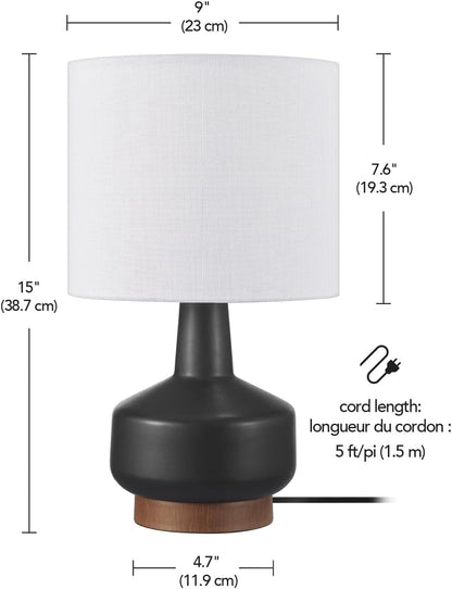15" Ceramic Table Lamp, Matte Black Base, Wood-Toned Accent, White Linen Shade, Dual Rotary Switch, Modern Bedroom or Office Lighting, 61000046