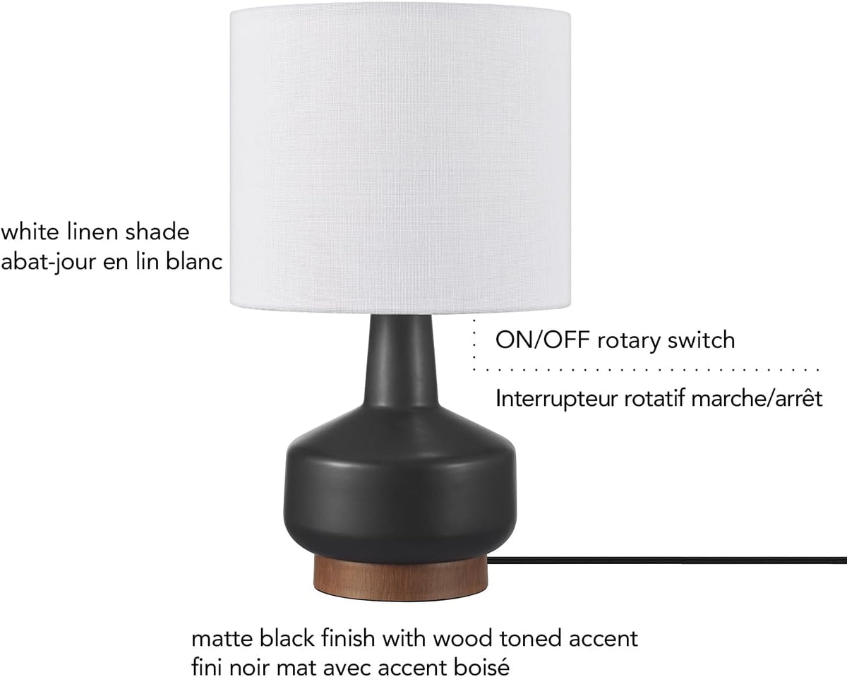15" Ceramic Table Lamp, Matte Black Base, Wood-Toned Accent, White Linen Shade, Dual Rotary Switch, Modern Bedroom or Office Lighting, 61000046