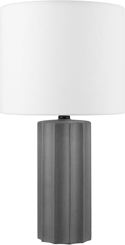 15" Ceramic Table Lamp, Matte Black Base, Wood-Toned Accent, White Linen Shade, Dual Rotary Switch, Modern Bedroom or Office Lighting, 61000046