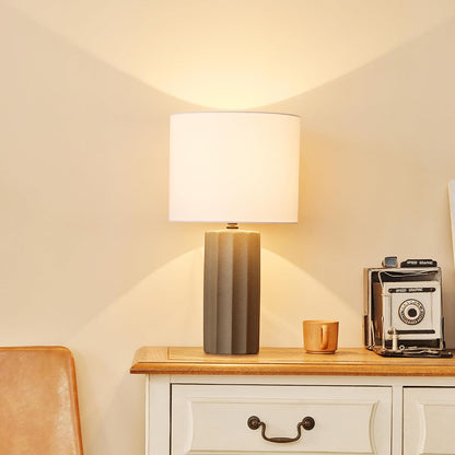 15" Ceramic Table Lamp, Matte Black Base, Wood-Toned Accent, White Linen Shade, Dual Rotary Switch, Modern Bedroom or Office Lighting, 61000046