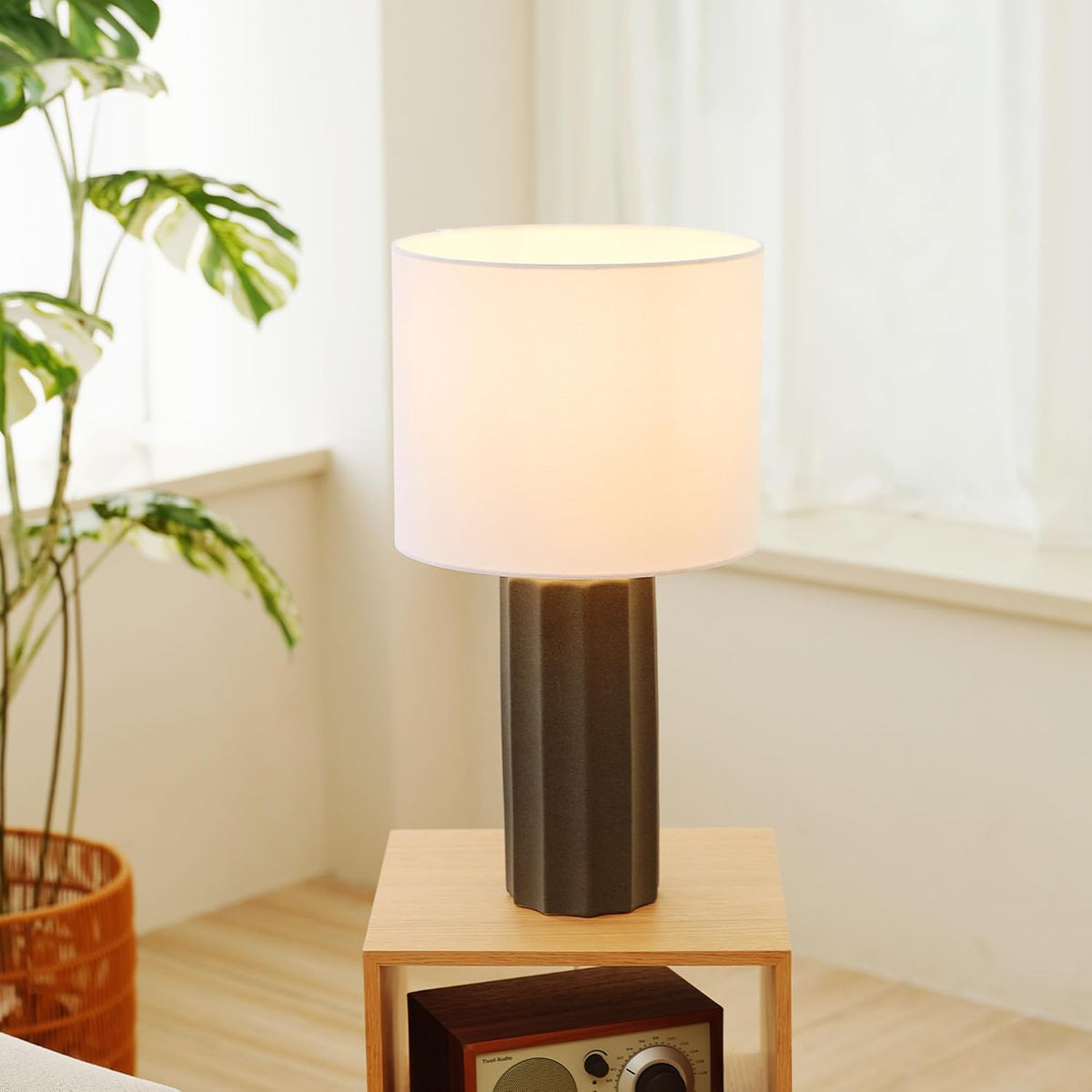 15" Ceramic Table Lamp, Matte Black Base, Wood-Toned Accent, White Linen Shade, Dual Rotary Switch, Modern Bedroom or Office Lighting, 61000046
