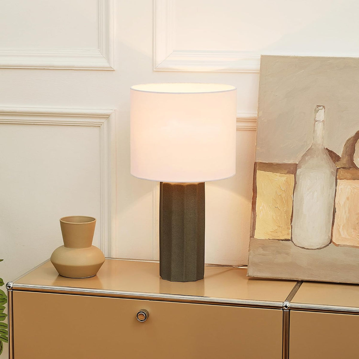 15" Ceramic Table Lamp, Matte Black Base, Wood-Toned Accent, White Linen Shade, Dual Rotary Switch, Modern Bedroom or Office Lighting, 61000046