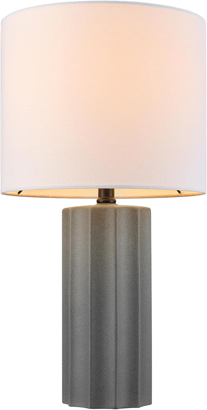 15" Ceramic Table Lamp, Matte Black Base, Wood-Toned Accent, White Linen Shade, Dual Rotary Switch, Modern Bedroom or Office Lighting, 61000046
