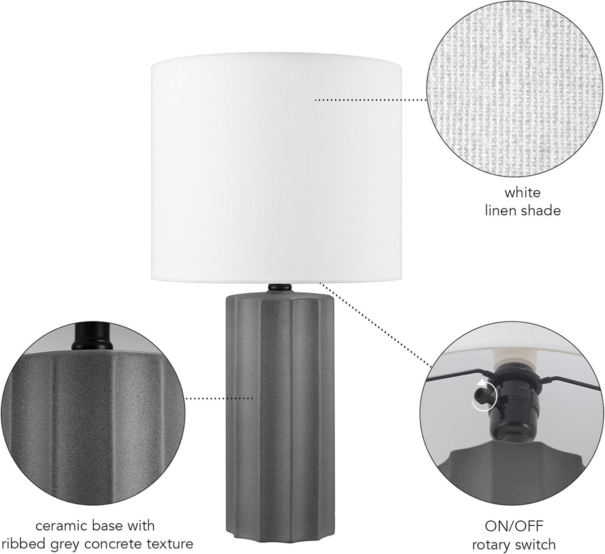 15" Ceramic Table Lamp, Matte Black Base, Wood-Toned Accent, White Linen Shade, Dual Rotary Switch, Modern Bedroom or Office Lighting, 61000046