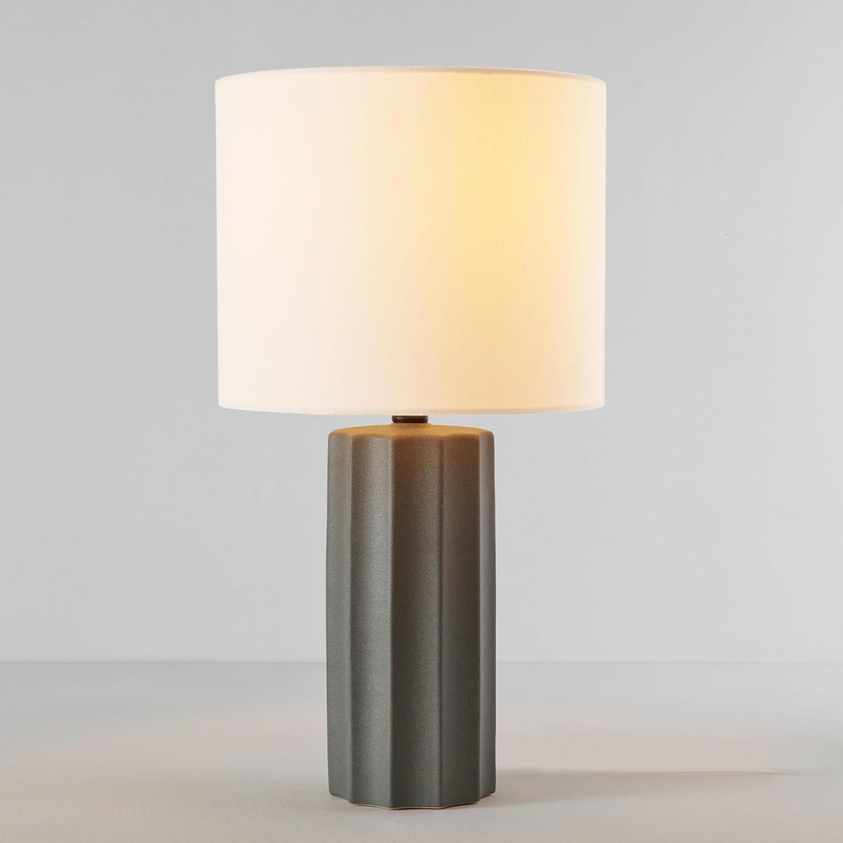 15" Ceramic Table Lamp, Matte Black Base, Wood-Toned Accent, White Linen Shade, Dual Rotary Switch, Modern Bedroom or Office Lighting, 61000046