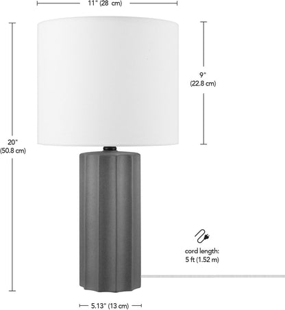 15" Ceramic Table Lamp, Matte Black Base, Wood-Toned Accent, White Linen Shade, Dual Rotary Switch, Modern Bedroom or Office Lighting, 61000046