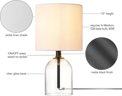15" Ceramic Table Lamp, Matte Black Base, Wood-Toned Accent, White Linen Shade, Dual Rotary Switch, Modern Bedroom or Office Lighting, 61000046