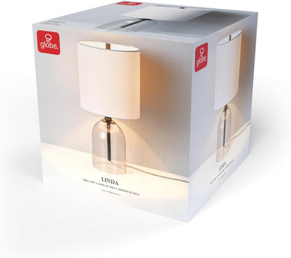 15" Ceramic Table Lamp, Matte Black Base, Wood-Toned Accent, White Linen Shade, Dual Rotary Switch, Modern Bedroom or Office Lighting, 61000046