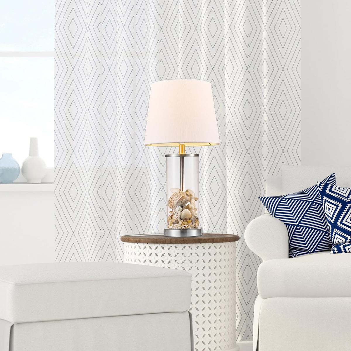 15" Ceramic Table Lamp, Matte Black Base, Wood-Toned Accent, White Linen Shade, Dual Rotary Switch, Modern Bedroom or Office Lighting, 61000046