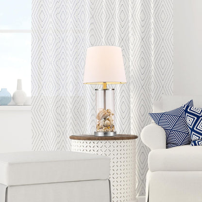 15" Ceramic Table Lamp, Matte Black Base, Wood-Toned Accent, White Linen Shade, Dual Rotary Switch, Modern Bedroom or Office Lighting, 61000046