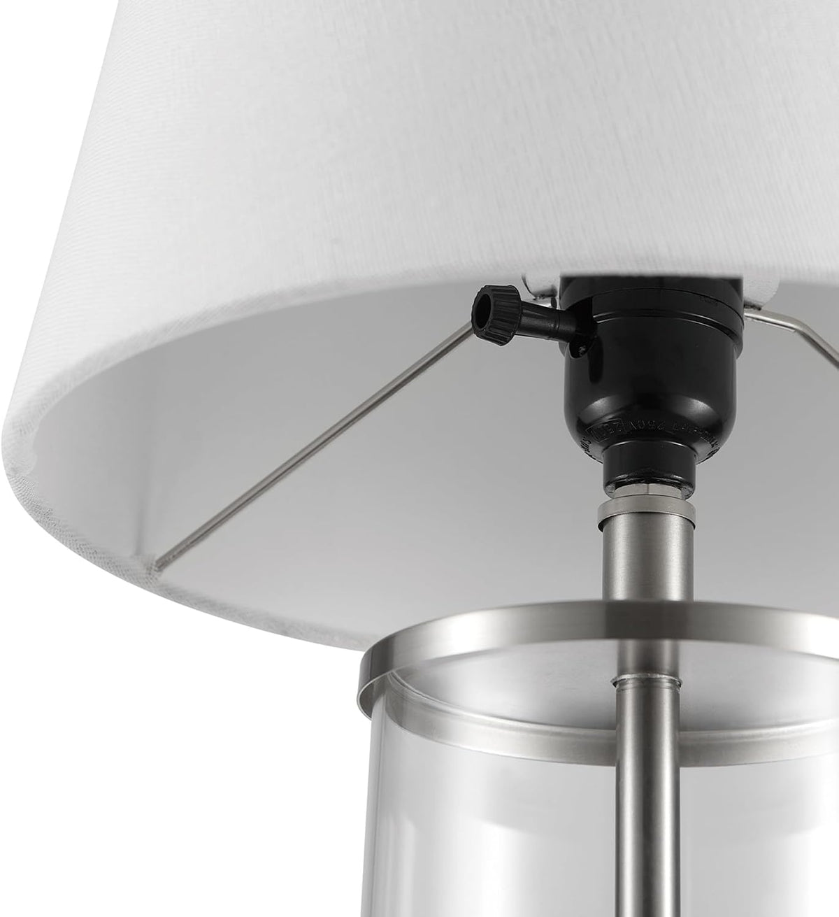 15" Ceramic Table Lamp, Matte Black Base, Wood-Toned Accent, White Linen Shade, Dual Rotary Switch, Modern Bedroom or Office Lighting, 61000046