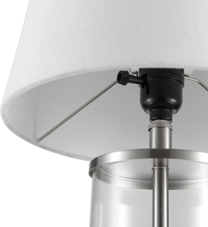 15" Ceramic Table Lamp, Matte Black Base, Wood-Toned Accent, White Linen Shade, Dual Rotary Switch, Modern Bedroom or Office Lighting, 61000046