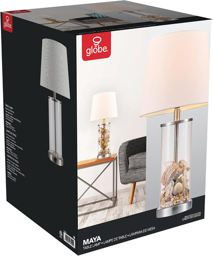 15" Ceramic Table Lamp, Matte Black Base, Wood-Toned Accent, White Linen Shade, Dual Rotary Switch, Modern Bedroom or Office Lighting, 61000046