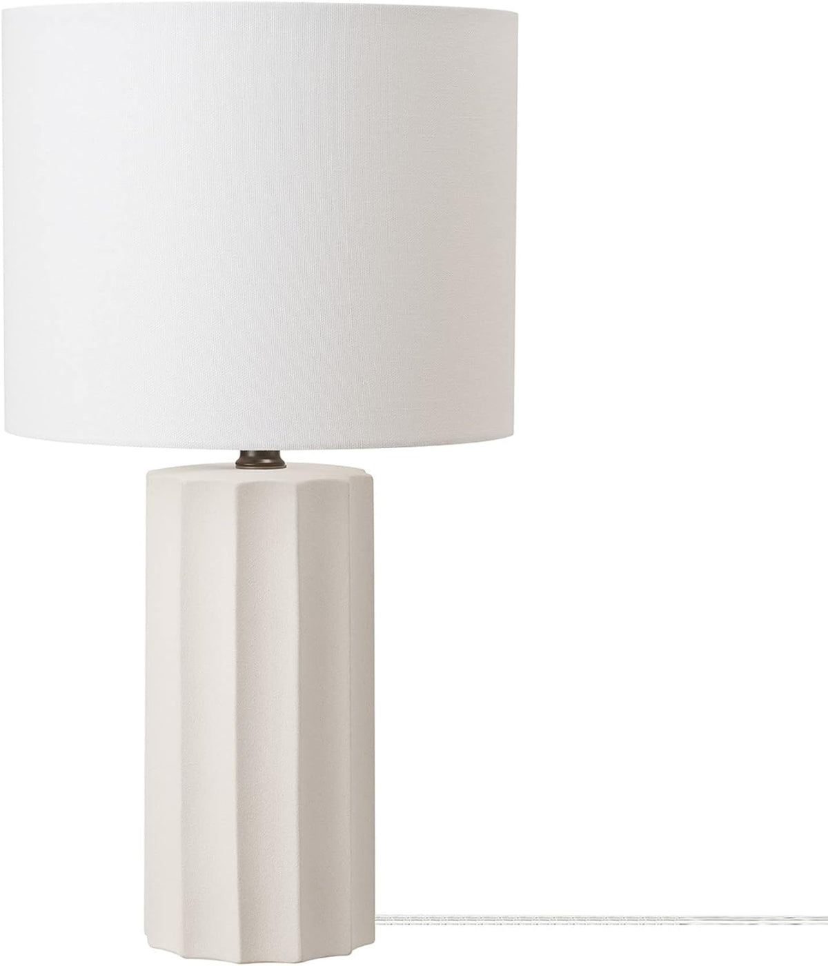 15" Ceramic Table Lamp, Matte Black Base, Wood-Toned Accent, White Linen Shade, Dual Rotary Switch, Modern Bedroom or Office Lighting, 61000046