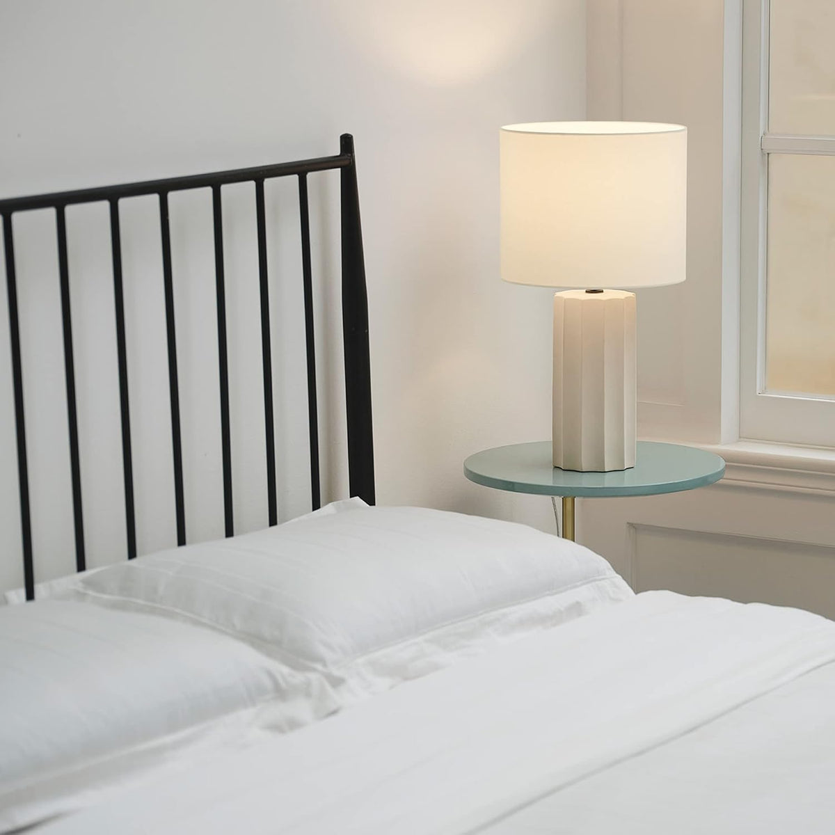 15" Ceramic Table Lamp, Matte Black Base, Wood-Toned Accent, White Linen Shade, Dual Rotary Switch, Modern Bedroom or Office Lighting, 61000046