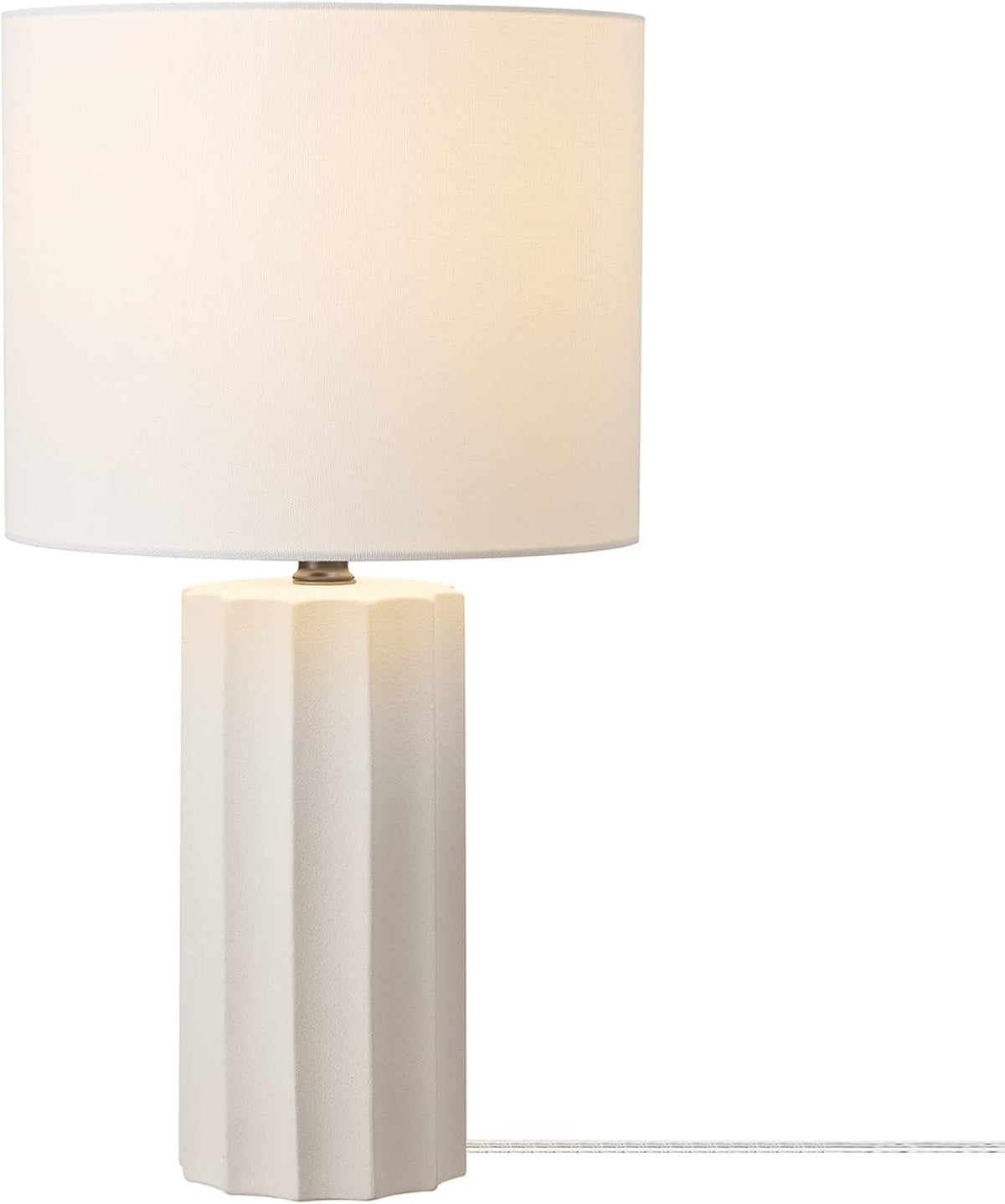 15" Ceramic Table Lamp, Matte Black Base, Wood-Toned Accent, White Linen Shade, Dual Rotary Switch, Modern Bedroom or Office Lighting, 61000046