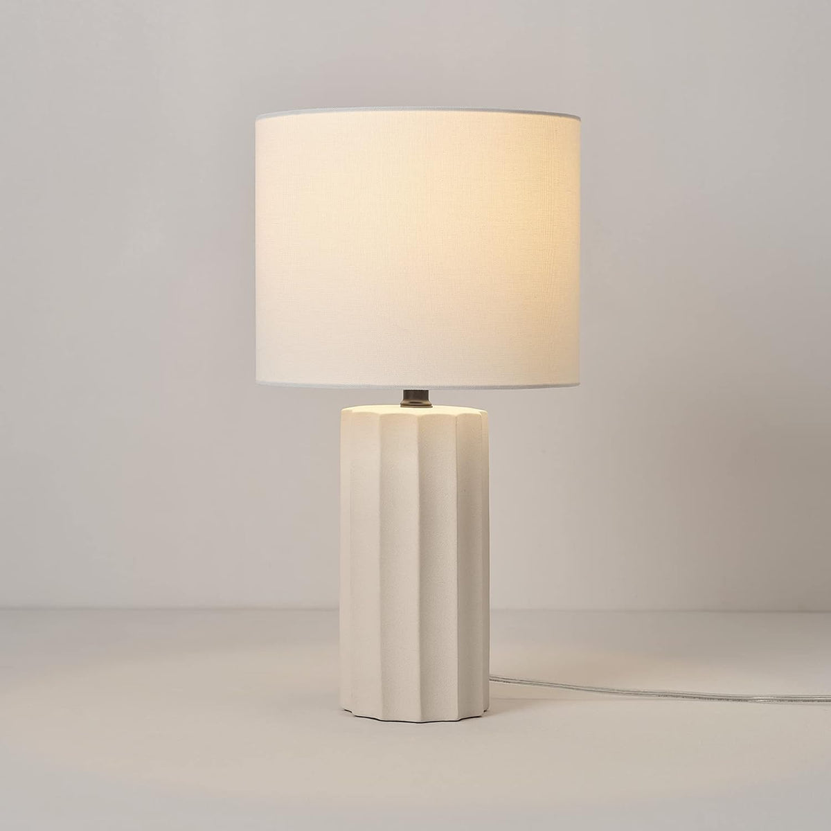 15" Ceramic Table Lamp, Matte Black Base, Wood-Toned Accent, White Linen Shade, Dual Rotary Switch, Modern Bedroom or Office Lighting, 61000046