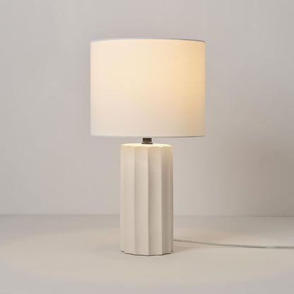 15" Ceramic Table Lamp, Matte Black Base, Wood-Toned Accent, White Linen Shade, Dual Rotary Switch, Modern Bedroom or Office Lighting, 61000046