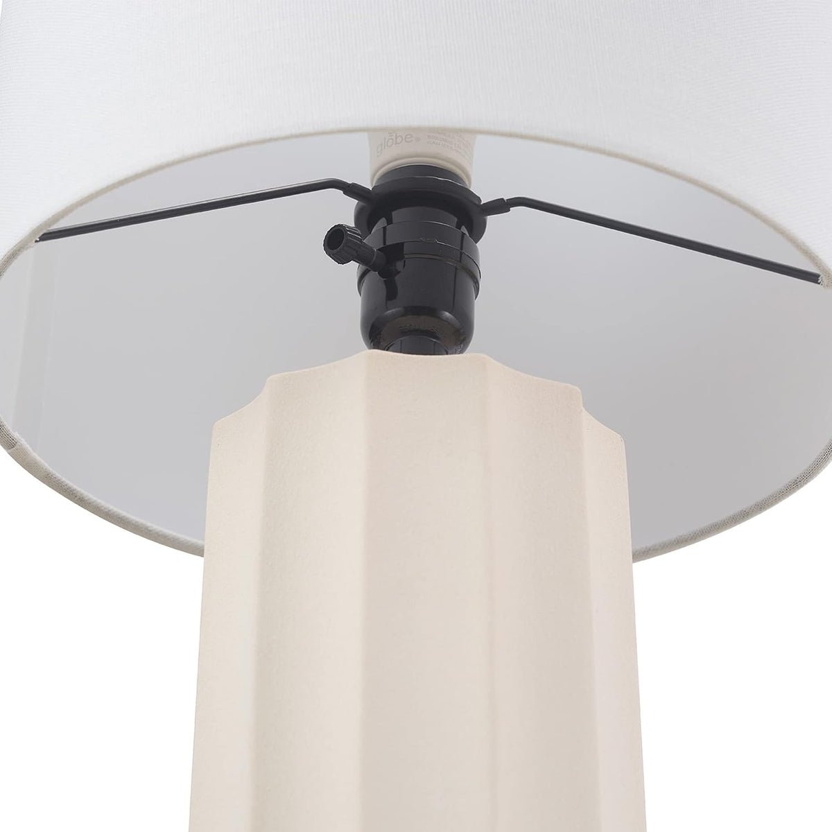 15" Ceramic Table Lamp, Matte Black Base, Wood-Toned Accent, White Linen Shade, Dual Rotary Switch, Modern Bedroom or Office Lighting, 61000046