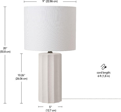 15" Ceramic Table Lamp, Matte Black Base, Wood-Toned Accent, White Linen Shade, Dual Rotary Switch, Modern Bedroom or Office Lighting, 61000046