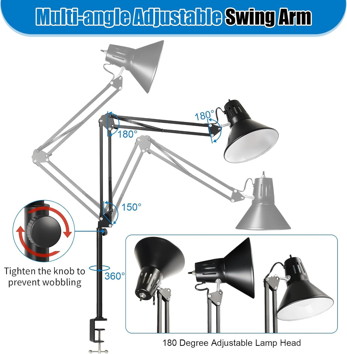 LED Clamp on Desk Lamp, 360°Adjustable Swing Arm Desk Lamp
