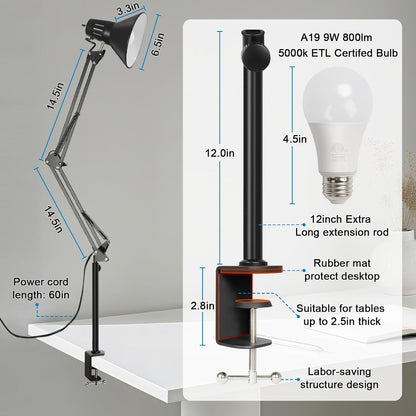 LED Clamp on Desk Lamp, 360°Adjustable Swing Arm Desk Lamp