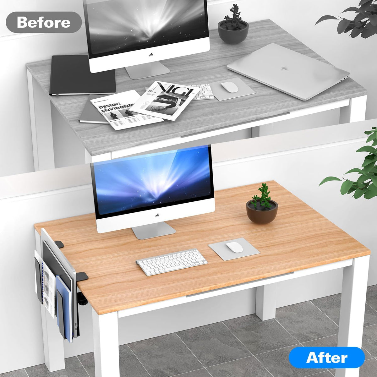 Adjustable Side Laptop Mount, No Drill Desk Storage Organizer, Metal Hanging Notebooks Holder, Punch-Free Clamp for MacBook Pro, Documents With Anti-Scratch Silicone