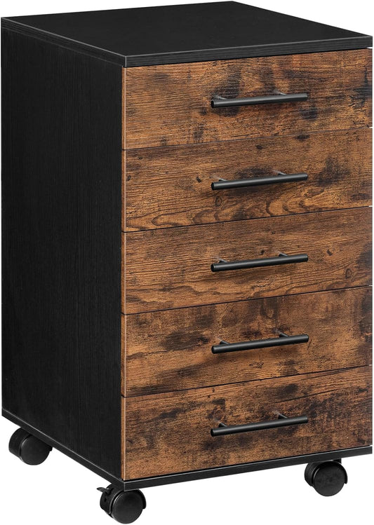 5-Drawer File Cabinet, Office Filing Cabinet with Drawers, Wooden Mobile Storage Cabinet with Wheels, for Makeup, Home Office, Easy Assembly, Rustic Brown BF05WJ01G1
