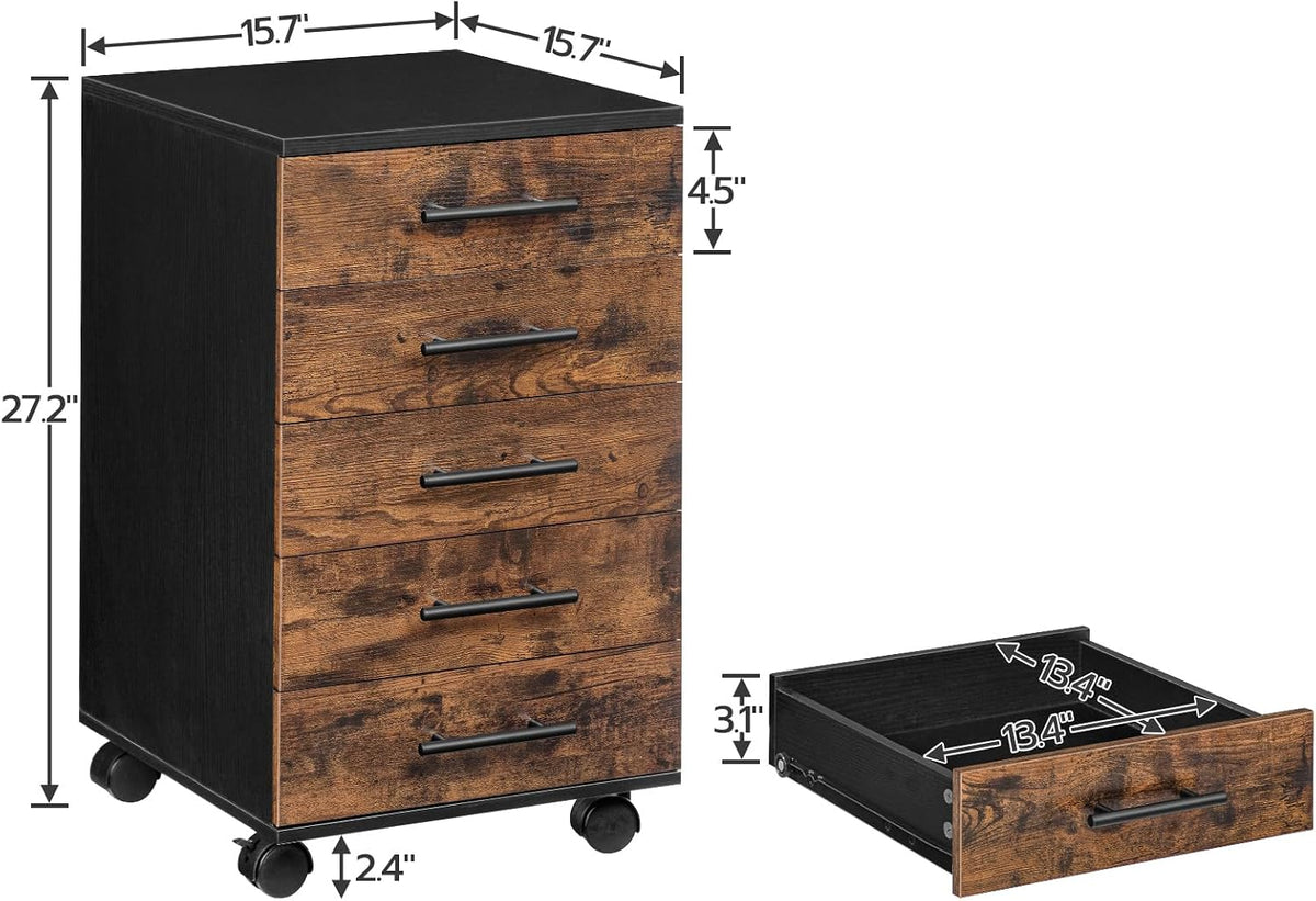 5-Drawer File Cabinet, Office Filing Cabinet with Drawers, Wooden Mobile Storage Cabinet with Wheels, for Makeup, Home Office, Easy Assembly, Rustic Brown BF05WJ01G1