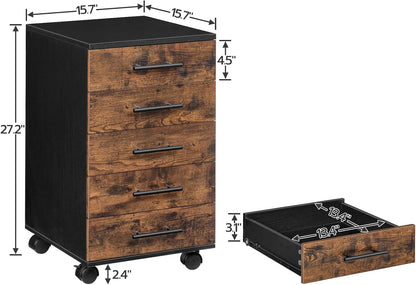 5-Drawer File Cabinet, Office Filing Cabinet with Drawers, Wooden Mobile Storage Cabinet with Wheels, for Makeup, Home Office, Easy Assembly, Rustic Brown BF05WJ01G1