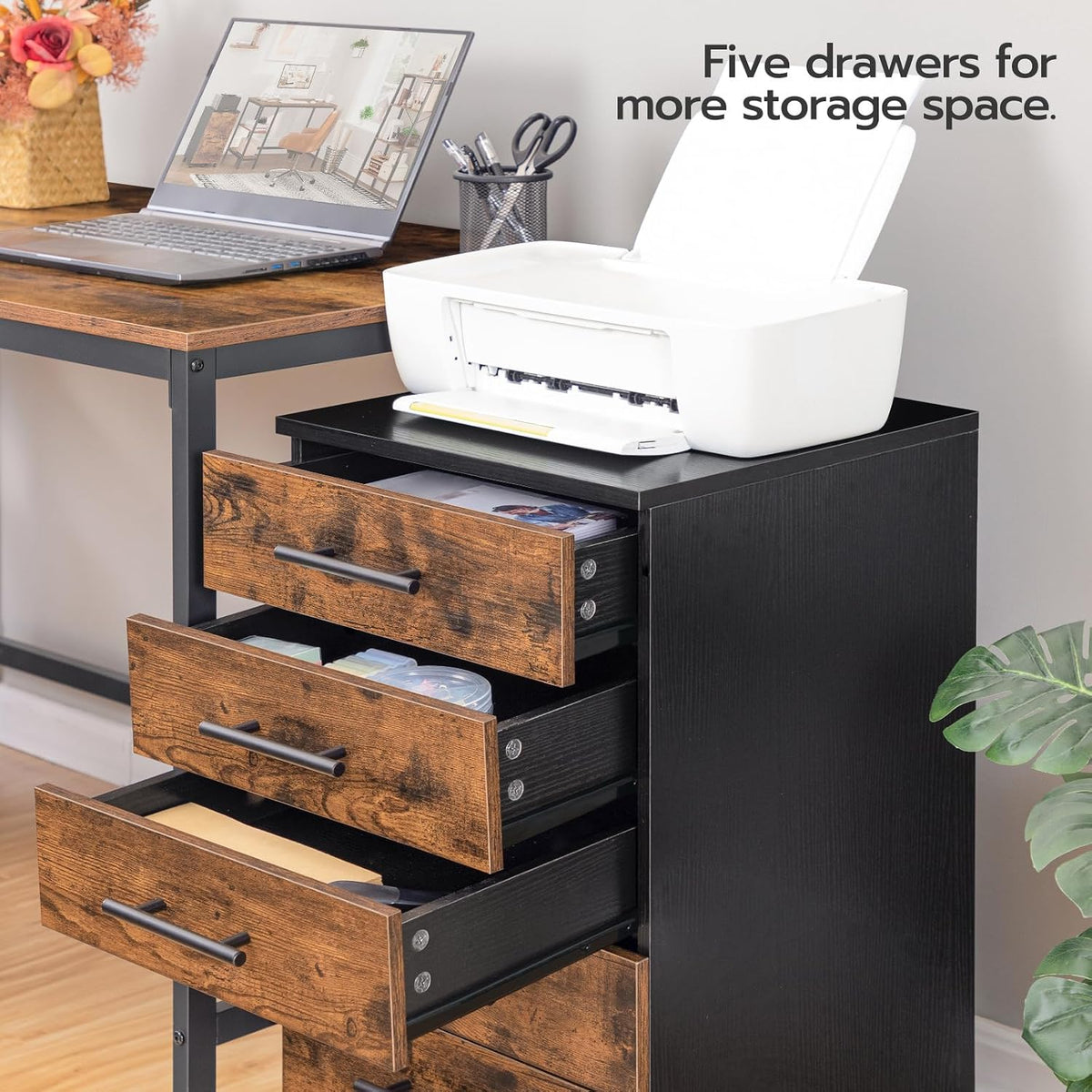 5-Drawer File Cabinet, Office Filing Cabinet with Drawers, Wooden Mobile Storage Cabinet with Wheels, for Makeup, Home Office, Easy Assembly, Rustic Brown BF05WJ01G1