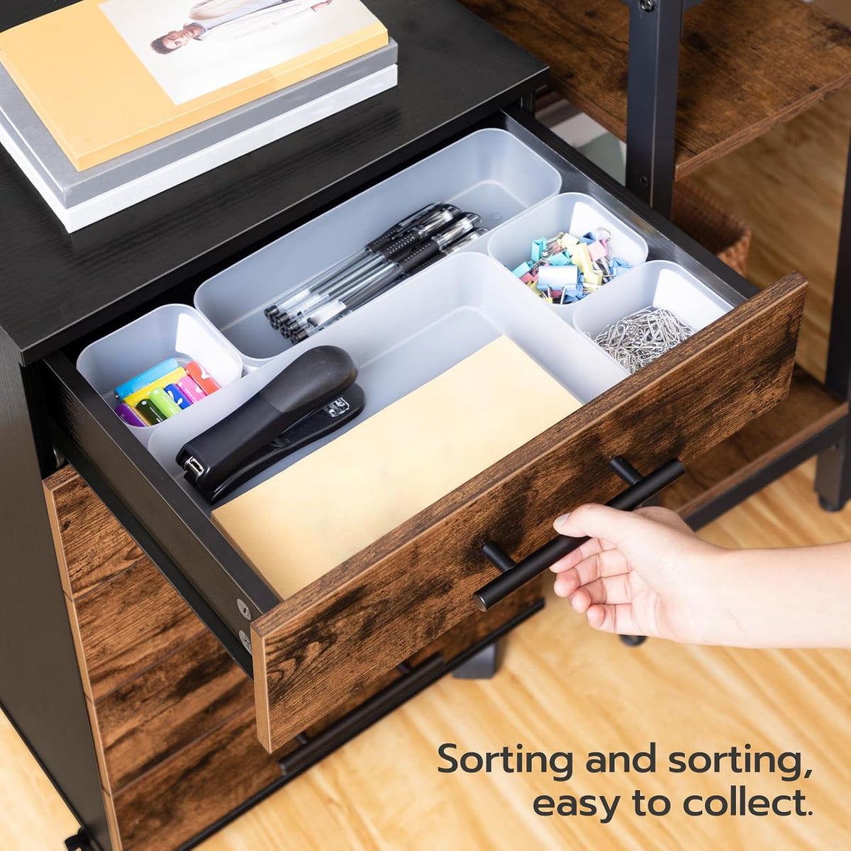 5-Drawer File Cabinet, Office Filing Cabinet with Drawers, Wooden Mobile Storage Cabinet with Wheels, for Makeup, Home Office, Easy Assembly, Rustic Brown BF05WJ01G1