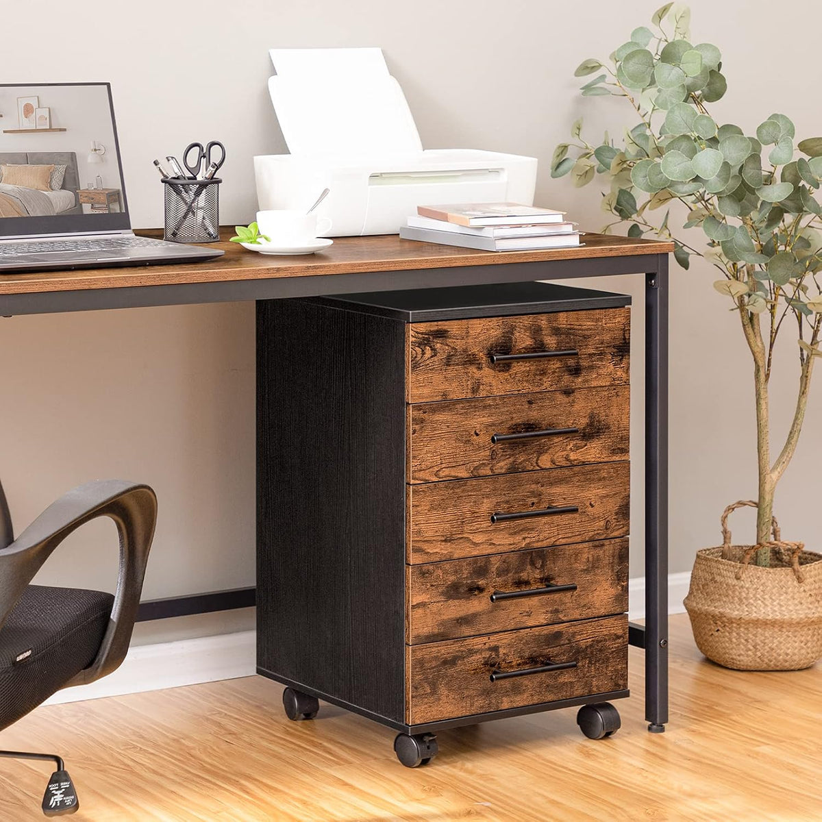 5-Drawer File Cabinet, Office Filing Cabinet with Drawers, Wooden Mobile Storage Cabinet with Wheels, for Makeup, Home Office, Easy Assembly, Rustic Brown BF05WJ01G1