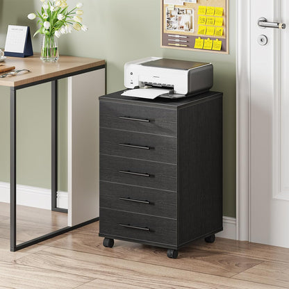5-Drawer File Cabinet, Office Filing Cabinet with Drawers, Wooden Mobile Storage Cabinet with Wheels, for Makeup, Home Office, Easy Assembly, Rustic Brown BF05WJ01G1