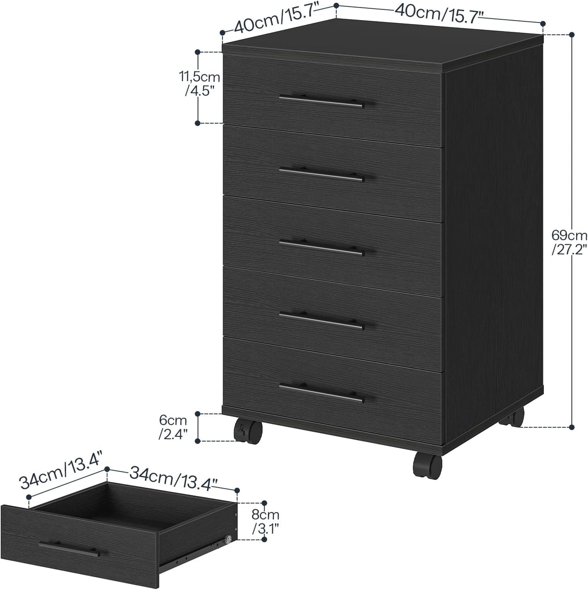 5-Drawer File Cabinet, Office Filing Cabinet with Drawers, Wooden Mobile Storage Cabinet with Wheels, for Makeup, Home Office, Easy Assembly, Rustic Brown BF05WJ01G1