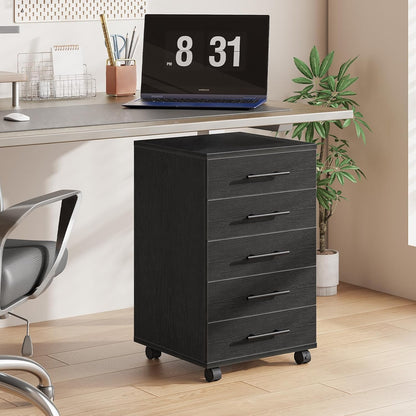 5-Drawer File Cabinet, Office Filing Cabinet with Drawers, Wooden Mobile Storage Cabinet with Wheels, for Makeup, Home Office, Easy Assembly, Rustic Brown BF05WJ01G1