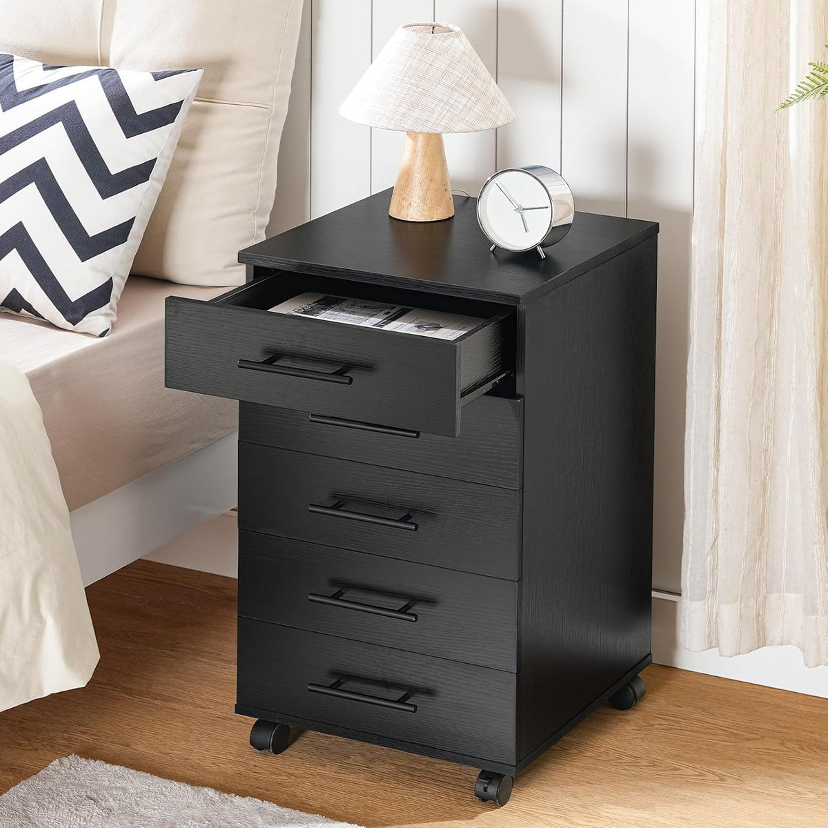 5-Drawer File Cabinet, Office Filing Cabinet with Drawers, Wooden Mobile Storage Cabinet with Wheels, for Makeup, Home Office, Easy Assembly, Rustic Brown BF05WJ01G1