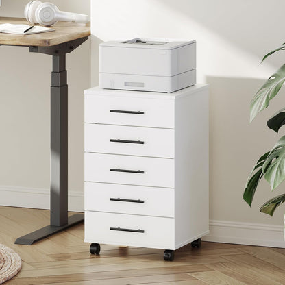 5-Drawer File Cabinet, Office Filing Cabinet with Drawers, Wooden Mobile Storage Cabinet with Wheels, for Makeup, Home Office, Easy Assembly, Rustic Brown BF05WJ01G1