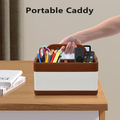 Desk Organizer Caddy with Handle-Portable PU Leather Remote Control Holder-Nightstand Dresser Tote Storage for Sunglasses,Comb,Small iPad,Pen,Heater Controllers,Cosmetics and Office Supplies