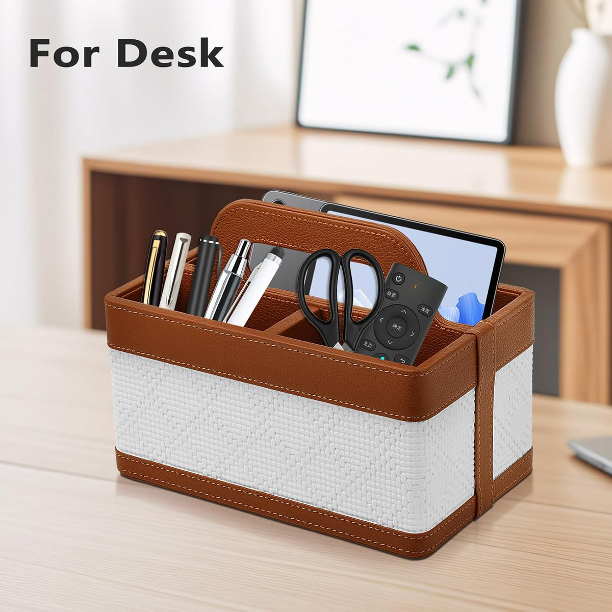 Desk Organizer Caddy with Handle-Portable PU Leather Remote Control Holder-Nightstand Dresser Tote Storage for Sunglasses,Comb,Small iPad,Pen,Heater Controllers,Cosmetics and Office Supplies