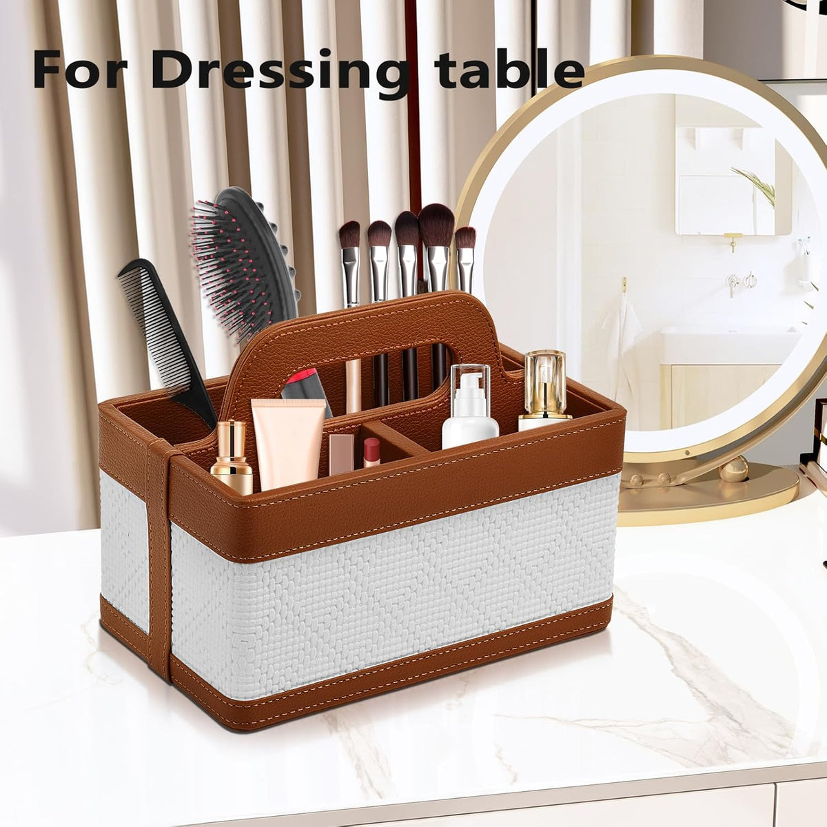 Desk Organizer Caddy with Handle-Portable PU Leather Remote Control Holder-Nightstand Dresser Tote Storage for Sunglasses,Comb,Small iPad,Pen,Heater Controllers,Cosmetics and Office Supplies