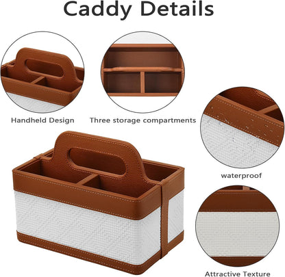Desk Organizer Caddy with Handle-Portable PU Leather Remote Control Holder-Nightstand Dresser Tote Storage for Sunglasses,Comb,Small iPad,Pen,Heater Controllers,Cosmetics and Office Supplies
