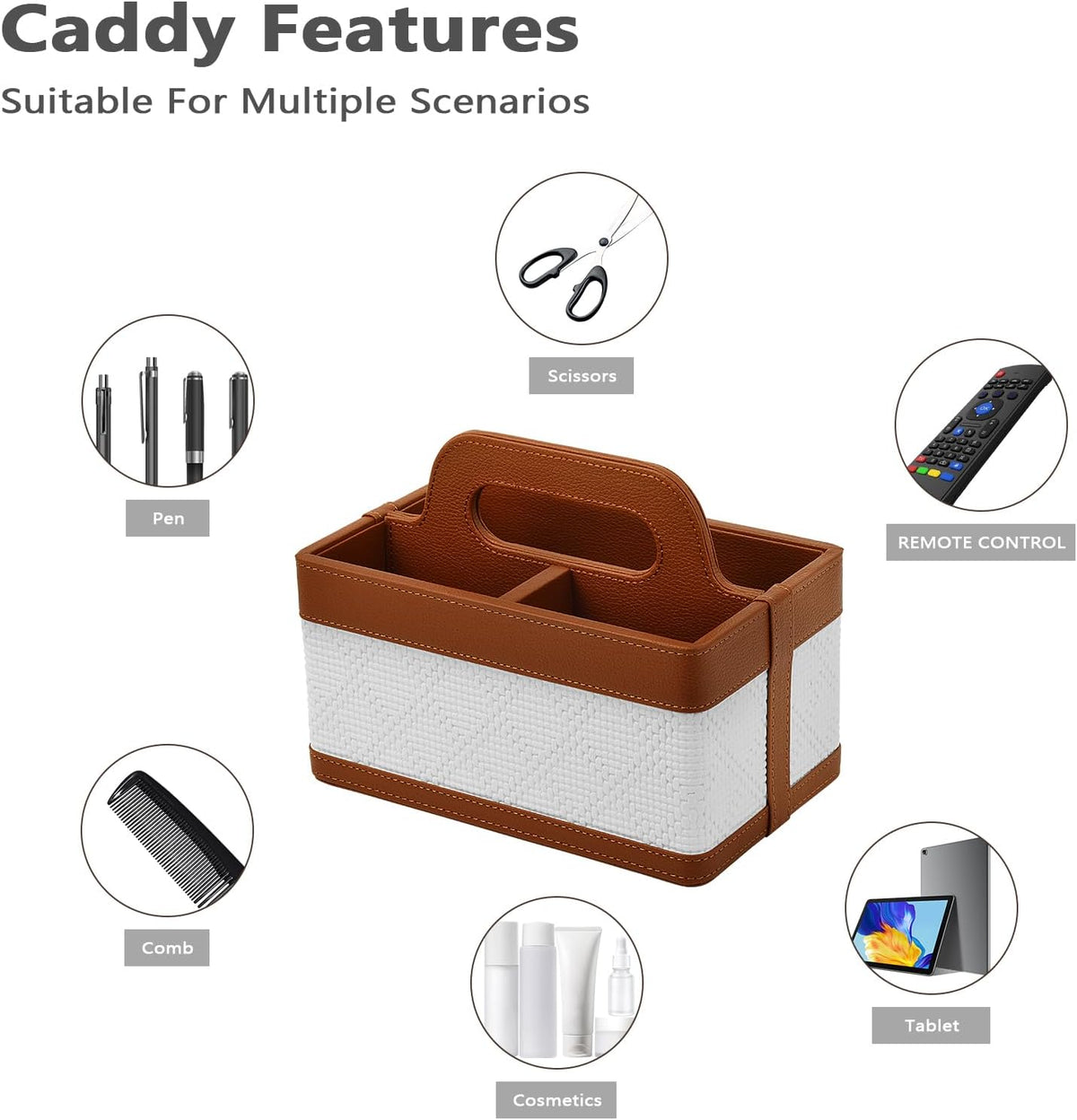 Desk Organizer Caddy with Handle-Portable PU Leather Remote Control Holder-Nightstand Dresser Tote Storage for Sunglasses,Comb,Small iPad,Pen,Heater Controllers,Cosmetics and Office Supplies