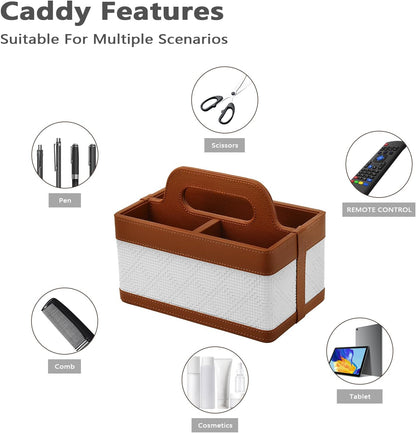 Desk Organizer Caddy with Handle-Portable PU Leather Remote Control Holder-Nightstand Dresser Tote Storage for Sunglasses,Comb,Small iPad,Pen,Heater Controllers,Cosmetics and Office Supplies