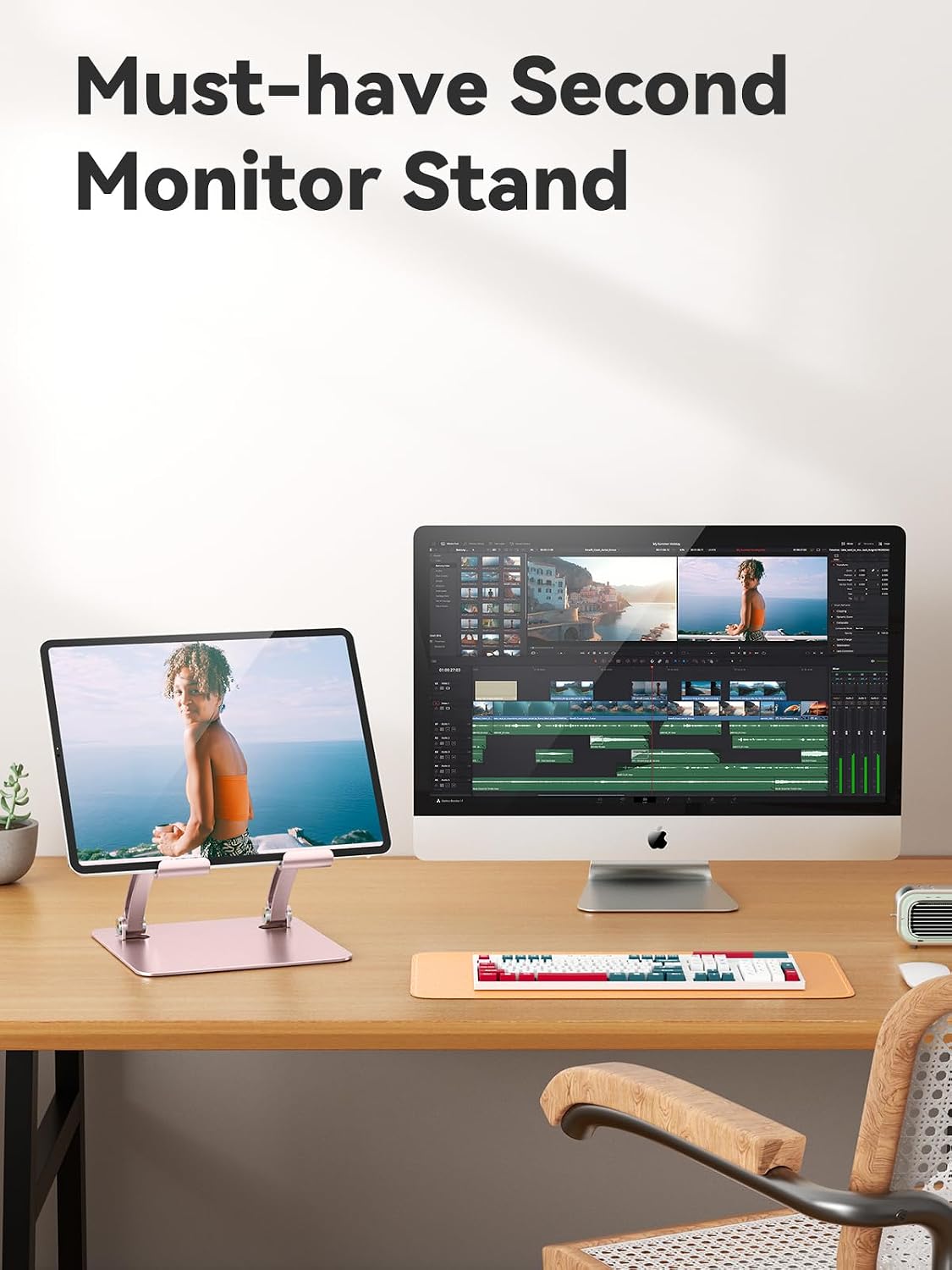 Tablet Holder Stand, Dual Rod Adjustable Aluminum Desktop Stand, Compatible with 4.7-16.9" iPads, Surface Tablets, Portable Monitors, Kindle & More (Gray)