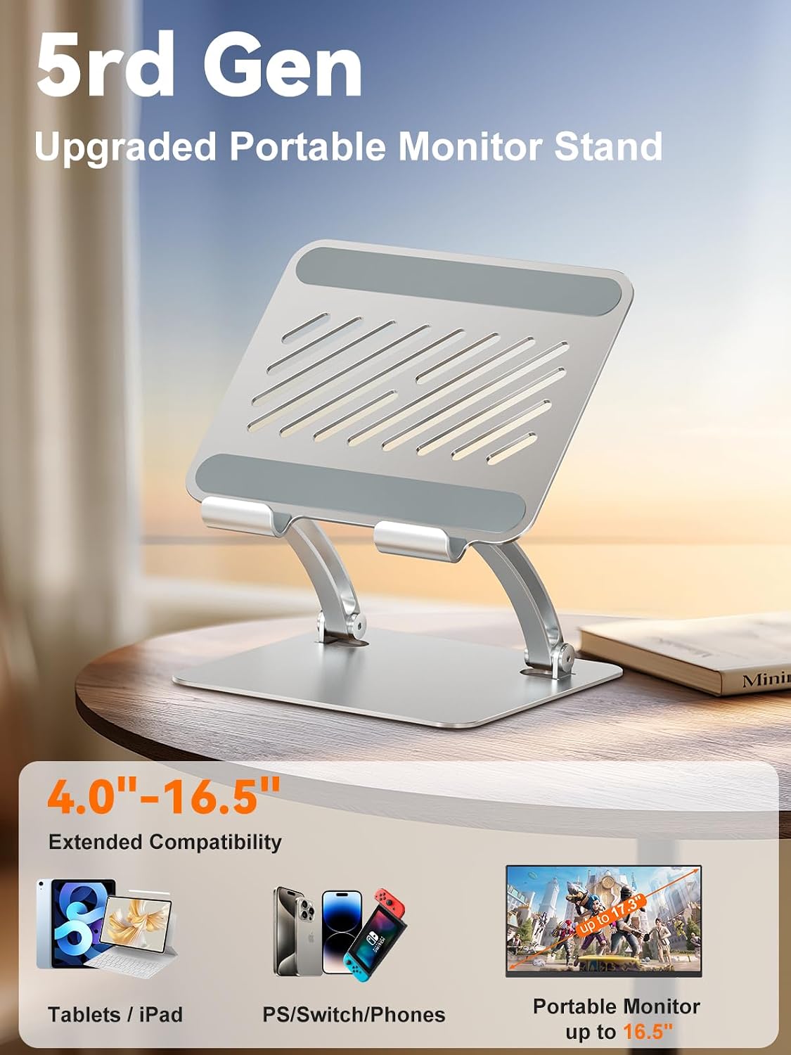 Tablet Holder Stand, Dual Rod Adjustable Aluminum Desktop Stand, Compatible with 4.7-16.9" iPads, Surface Tablets, Portable Monitors, Kindle & More (Gray)