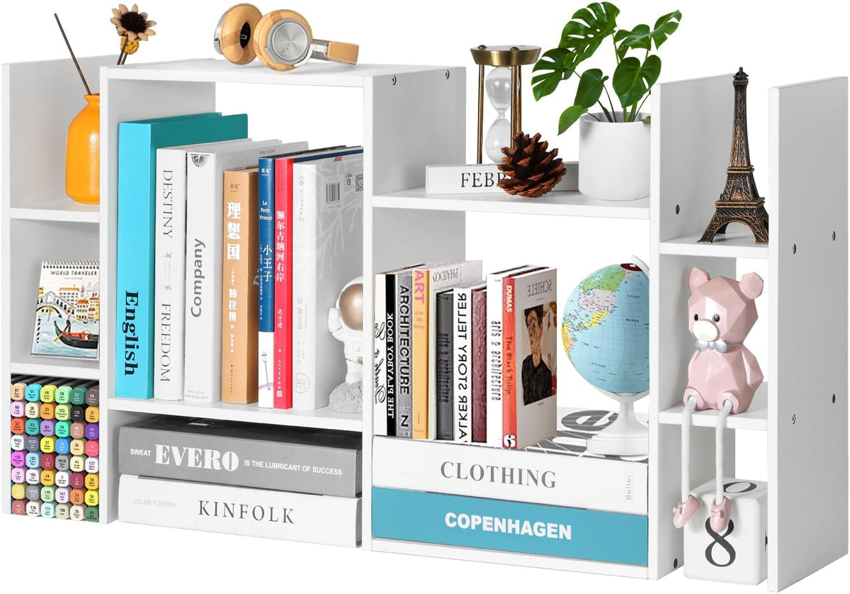 Desk Shelf Organizer, 3-Tier Desktop Bookshelf for Computer Desk, Small Tabletop Hutch Storage Rack, Wood Office Supplies Organizer for Dorm, Home & Student (29 Inch Wide)，White