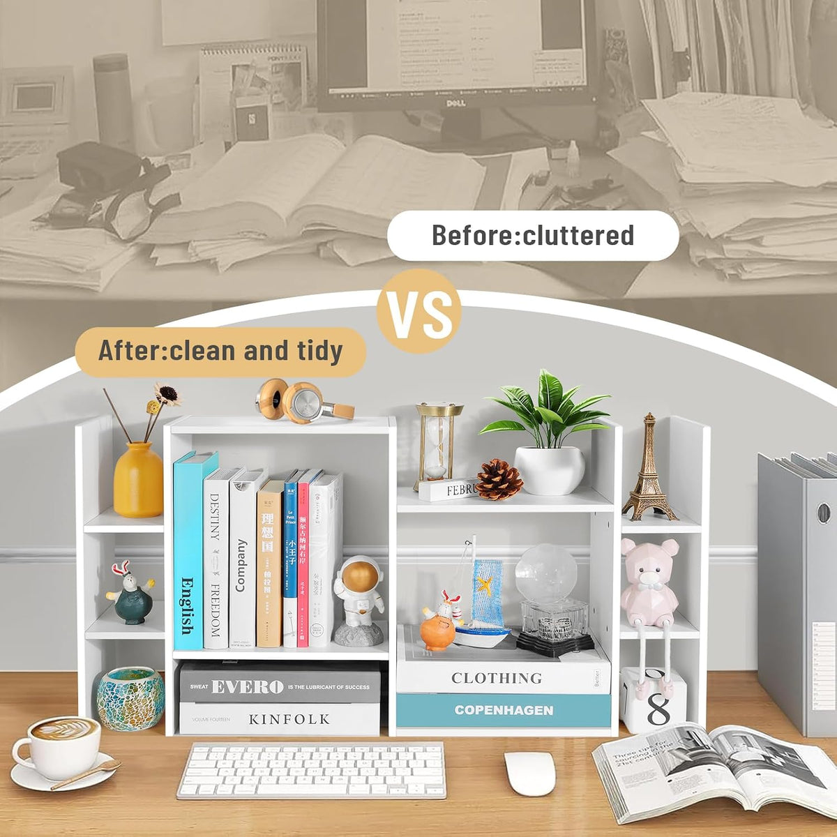 Desk Shelf Organizer, 3-Tier Desktop Bookshelf for Computer Desk, Small Tabletop Hutch Storage Rack, Wood Office Supplies Organizer for Dorm, Home & Student (29 Inch Wide)，White