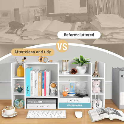 Desk Shelf Organizer, 3-Tier Desktop Bookshelf for Computer Desk, Small Tabletop Hutch Storage Rack, Wood Office Supplies Organizer for Dorm, Home & Student (29 Inch Wide)，White